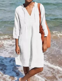 Clearance Women's Midi Dress Cotton Linen Dresses Casual Dress Basic Casual Vacation Daily Regular Fit Plain 3/4 Length Sleeve V Neck Black White Light Green Light Blue Summer Women Dresses