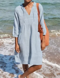 Clearance Women's Midi Dress Cotton Linen Dresses Casual Dress Basic Casual Vacation Daily Regular Fit Plain 3/4 Length Sleeve V Neck Black White Light Green Light Blue Summer Women Dresses