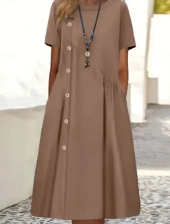 Hot Women's Midi Dress Cotton Linen Dresses Casual Dress Basic Casual Vacation Daily Regular Fit Plain Short Sleeve Crew Neck Wine Blue Brown Summer Women Dresses