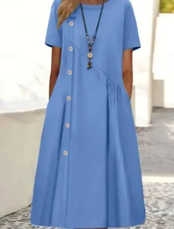 Hot Women's Midi Dress Cotton Linen Dresses Casual Dress Basic Casual Vacation Daily Regular Fit Plain Short Sleeve Crew Neck Wine Blue Brown Summer Women Dresses