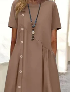 Hot Women's Midi Dress Cotton Linen Dresses Casual Dress Basic Casual Vacation Daily Regular Fit Plain Short Sleeve Crew Neck Wine Blue Brown Summer Women Dresses