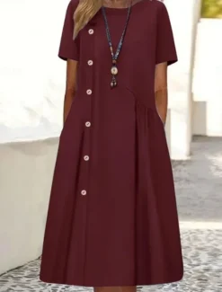 Hot Women's Midi Dress Cotton Linen Dresses Casual Dress Basic Casual Vacation Daily Regular Fit Plain Short Sleeve Crew Neck Wine Blue Brown Summer Women Dresses