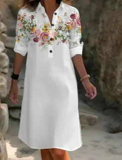 Women's Midi Dress Cotton Linen Dresses Shirt Dress Casual Dress Fashion Casual Daily Modern Outdoor Vacation Daily Loose Fit Floral Long Sleeve Shirt Collar White Navy Blue Royal Blue Blue Summer Women Dresses|Spring Dresses