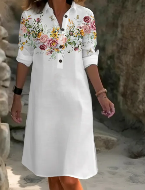 Women's Midi Dress Cotton Linen Dresses Shirt Dress Casual Dress Fashion Casual Daily Modern Outdoor Vacation Daily Loose Fit Floral Long Sleeve Shirt Collar White Navy Blue Royal Blue Blue Summer Women Dresses|Spring Dresses