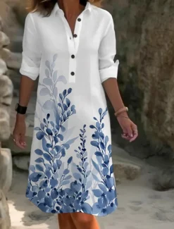 Women's Midi Dress Cotton Linen Dresses Shirt Dress Casual Dress Fashion Casual Daily Modern Outdoor Vacation Daily Loose Fit Floral Long Sleeve Shirt Collar White Navy Blue Royal Blue Blue Summer Women Dresses|Spring Dresses