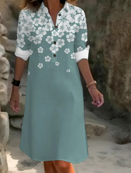 Women's Midi Dress Cotton Linen Dresses Shirt Dress Casual Dress Fashion Casual Daily Modern Outdoor Vacation Daily Loose Fit Floral Long Sleeve Shirt Collar White Navy Blue Royal Blue Blue Summer Women Dresses|Spring Dresses