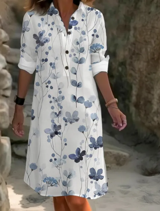 Women's Midi Dress Cotton Linen Dresses Shirt Dress Casual Dress Fashion Casual Daily Modern Outdoor Vacation Daily Loose Fit Floral Long Sleeve Shirt Collar White Navy Blue Royal Blue Blue Summer Women Dresses|Spring Dresses