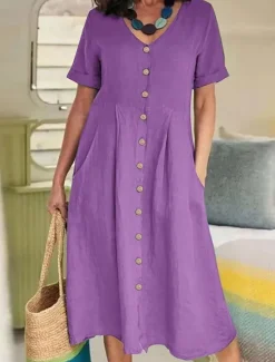 Discount Women's Midi Dress Cotton Linen Dresses Casual Dress Basic Casual Vacation Daily Regular Fit Plain Long Sleeve V Neck Sky Blue Purple Green Summer Women Dresses