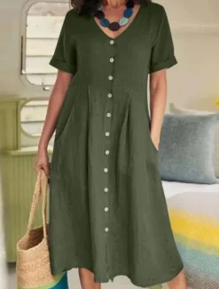 Discount Women's Midi Dress Cotton Linen Dresses Casual Dress Basic Casual Vacation Daily Regular Fit Plain Long Sleeve V Neck Sky Blue Purple Green Summer Women Dresses