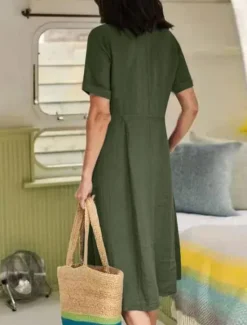 Discount Women's Midi Dress Cotton Linen Dresses Casual Dress Basic Casual Vacation Daily Regular Fit Plain Long Sleeve V Neck Sky Blue Purple Green Summer Women Dresses
