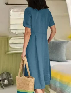 Discount Women's Midi Dress Cotton Linen Dresses Casual Dress Basic Casual Vacation Daily Regular Fit Plain Long Sleeve V Neck Sky Blue Purple Green Summer Women Dresses