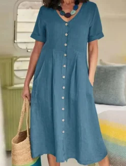 Discount Women's Midi Dress Cotton Linen Dresses Casual Dress Basic Casual Vacation Daily Regular Fit Plain Long Sleeve V Neck Sky Blue Purple Green Summer Women Dresses