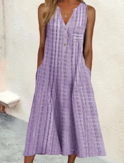 Outlet Women's Midi Dress Cotton Linen Dresses Tank Dress Summer Dress Print Dress Active Fashion Outdoor Daily Weekend Loose Fit Plaid Sleeveless V Neck Black Pink Blue Purple Summer Spring Women Dresses
