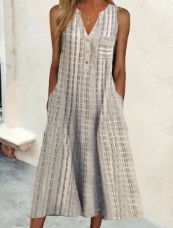 Outlet Women's Midi Dress Cotton Linen Dresses Tank Dress Summer Dress Print Dress Active Fashion Outdoor Daily Weekend Loose Fit Plaid Sleeveless V Neck Black Pink Blue Purple Summer Spring Women Dresses