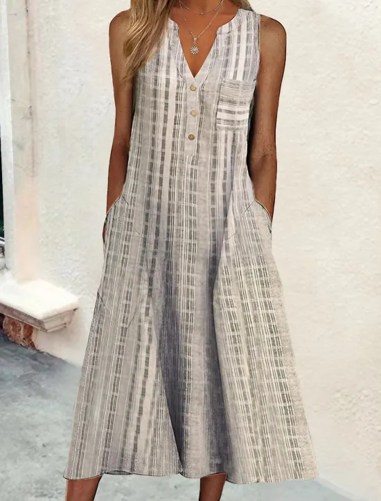 Outlet Women's Midi Dress Cotton Linen Dresses Tank Dress Summer Dress Print Dress Active Fashion Outdoor Daily Weekend Loose Fit Plaid Sleeveless V Neck Black Pink Blue Purple Summer Spring Women Dresses