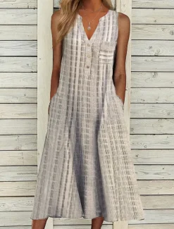 Outlet Women's Midi Dress Cotton Linen Dresses Tank Dress Summer Dress Print Dress Active Fashion Outdoor Daily Weekend Loose Fit Plaid Sleeveless V Neck Black Pink Blue Purple Summer Spring Women Dresses