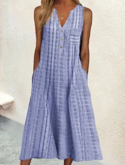 Outlet Women's Midi Dress Cotton Linen Dresses Tank Dress Summer Dress Print Dress Active Fashion Outdoor Daily Weekend Loose Fit Plaid Sleeveless V Neck Black Pink Blue Purple Summer Spring Women Dresses