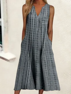 Outlet Women's Midi Dress Cotton Linen Dresses Tank Dress Summer Dress Print Dress Active Fashion Outdoor Daily Weekend Loose Fit Plaid Sleeveless V Neck Black Pink Blue Purple Summer Spring Women Dresses
