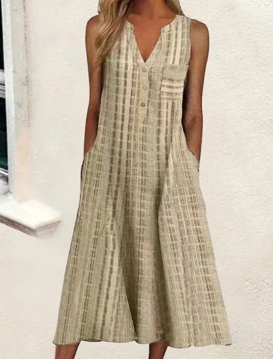 Outlet Women's Midi Dress Cotton Linen Dresses Tank Dress Summer Dress Print Dress Active Fashion Outdoor Daily Weekend Loose Fit Plaid Sleeveless V Neck Black Pink Blue Purple Summer Spring Women Dresses