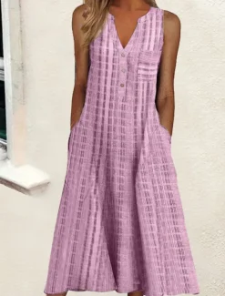 Outlet Women's Midi Dress Cotton Linen Dresses Tank Dress Summer Dress Print Dress Active Fashion Outdoor Daily Weekend Loose Fit Plaid Sleeveless V Neck Black Pink Blue Purple Summer Spring Women Dresses