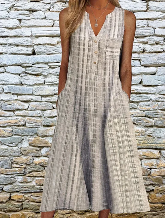 Outlet Women's Midi Dress Cotton Linen Dresses Tank Dress Summer Dress Print Dress Active Fashion Outdoor Daily Weekend Loose Fit Plaid Sleeveless V Neck Black Pink Blue Purple Summer Spring Women Dresses