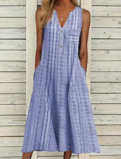 Outlet Women's Midi Dress Cotton Linen Dresses Tank Dress Summer Dress Print Dress Active Fashion Outdoor Daily Weekend Loose Fit Plaid Sleeveless V Neck Black Pink Blue Purple Summer Spring Women Dresses