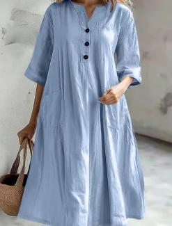 Sale Women's Midi Dress Cotton Linen Dresses Basic Casual Vacation Daily Regular Fit Plain 3/4 Length Sleeve Notched Neck Black Red Purple Light Blue Summer Women Dresses
