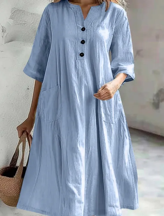 Sale Women's Midi Dress Cotton Linen Dresses Basic Casual Vacation Daily Regular Fit Plain 3/4 Length Sleeve Notched Neck Black Red Purple Light Blue Summer Women Dresses