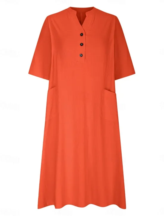 Sale Women's Midi Dress Cotton Linen Dresses Basic Casual Vacation Daily Regular Fit Plain 3/4 Length Sleeve Notched Neck Black Red Purple Light Blue Summer Women Dresses