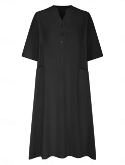 Sale Women's Midi Dress Cotton Linen Dresses Basic Casual Vacation Daily Regular Fit Plain 3/4 Length Sleeve Notched Neck Black Red Purple Light Blue Summer Women Dresses