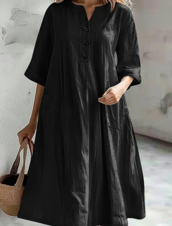Sale Women's Midi Dress Cotton Linen Dresses Basic Casual Vacation Daily Regular Fit Plain 3/4 Length Sleeve Notched Neck Black Red Purple Light Blue Summer Women Dresses