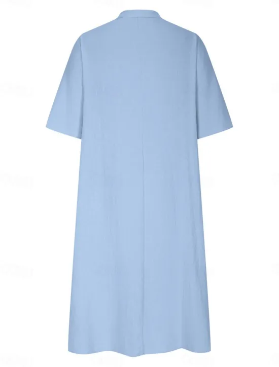 Sale Women's Midi Dress Cotton Linen Dresses Basic Casual Vacation Daily Regular Fit Plain 3/4 Length Sleeve Notched Neck Black Red Purple Light Blue Summer Women Dresses
