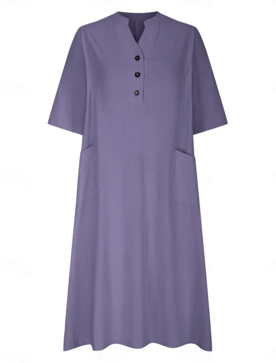 Sale Women's Midi Dress Cotton Linen Dresses Basic Casual Vacation Daily Regular Fit Plain 3/4 Length Sleeve Notched Neck Black Red Purple Light Blue Summer Women Dresses