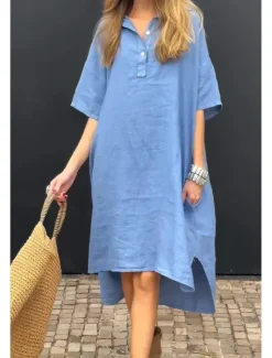 Online Women's Midi Dress Cotton Linen Dresses Casual Dress Basic Casual Vacation Daily Loose Fit Plain Half Sleeve Shirt Collar Yellow Pink Blue Khaki Summer Spring Fall Women Dresses