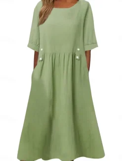 Hot Women's Midi Dress Cotton Linen Dresses Casual Dress Cotton Linen Dress Elegant Vintage Stylish Vacation Daily Loose Fit Plain Short Sleeve Crew Neck White Purple Green Gray Summer Spring Women Dresses
