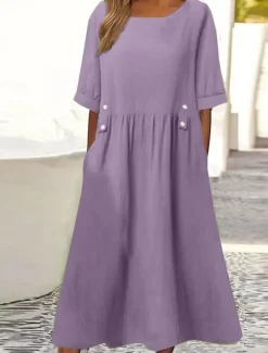 Hot Women's Midi Dress Cotton Linen Dresses Casual Dress Cotton Linen Dress Elegant Vintage Stylish Vacation Daily Loose Fit Plain Short Sleeve Crew Neck White Purple Green Gray Summer Spring Women Dresses