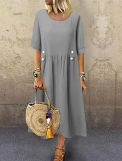Hot Women's Midi Dress Cotton Linen Dresses Casual Dress Cotton Linen Dress Elegant Vintage Stylish Vacation Daily Loose Fit Plain Short Sleeve Crew Neck White Purple Green Gray Summer Spring Women Dresses