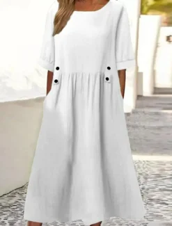 Hot Women's Midi Dress Cotton Linen Dresses Casual Dress Cotton Linen Dress Elegant Vintage Stylish Vacation Daily Loose Fit Plain Short Sleeve Crew Neck White Purple Green Gray Summer Spring Women Dresses