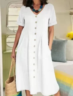 Women's Midi Dress Cotton Linen Dresses Casual Dress Basic Casual Vacation Daily Regular Fit Plain Short Sleeve V Neck White Sky Blue Green Khaki Summer Women Dresses