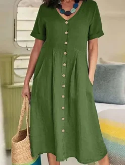 Women's Midi Dress Cotton Linen Dresses Casual Dress Basic Casual Vacation Daily Regular Fit Plain Short Sleeve V Neck White Sky Blue Green Khaki Summer Women Dresses