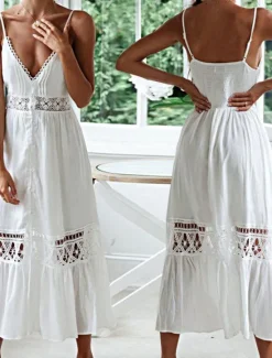 Best Women's Midi Dress Cotton Linen Dress Slip Dress Boho Dress Basic Classic Modern Vacation Holiday Going out Regular Fit Plain Sleeveless Spaghetti Strap Summer Women White Dresses