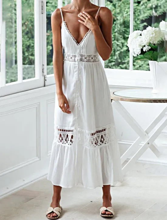 Best Women's Midi Dress Cotton Linen Dress Slip Dress Boho Dress Basic Classic Modern Vacation Holiday Going out Regular Fit Plain Sleeveless Spaghetti Strap Summer Women White Dresses