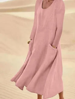 New Women's Midi Dress Cotton Linen Dresses Elegant Stylish Basic Vacation Daily Date Loose Fit Plain Long Sleeve Crew Neck White Light Green Pink Sky Blue Spring Fall Women Dresses
