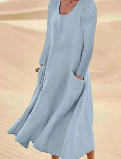 New Women's Midi Dress Cotton Linen Dresses Elegant Stylish Basic Vacation Daily Date Loose Fit Plain Long Sleeve Crew Neck White Light Green Pink Sky Blue Spring Fall Women Dresses