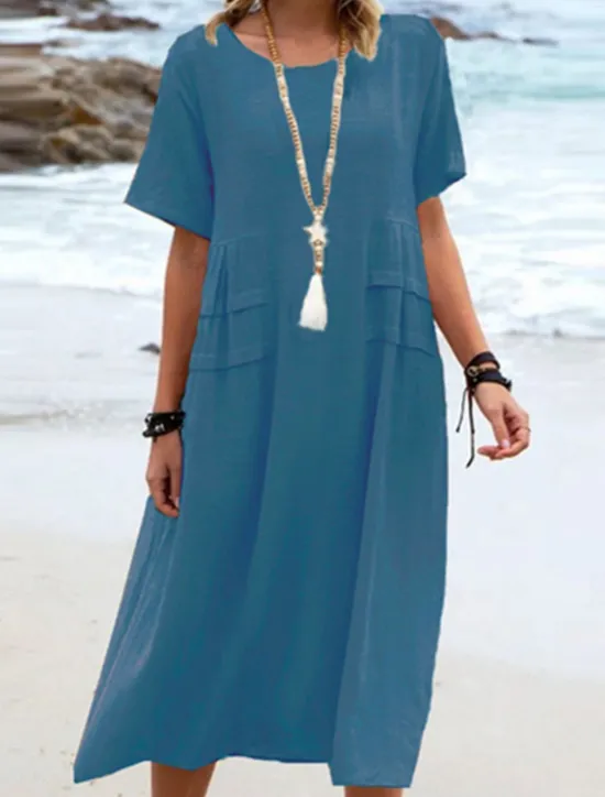 Clearance Women's Midi Dress Cotton Linen Dresses Casual Dress Summer Dress Classic Modern Daily Weekend Regular Fit Plain Short Sleeve Crew Neck Black Yellow Pink Royal Blue Summer Women Dresses