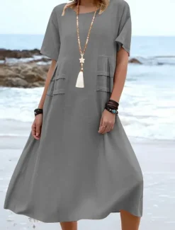 Clearance Women's Midi Dress Cotton Linen Dresses Casual Dress Summer Dress Classic Modern Daily Weekend Regular Fit Plain Short Sleeve Crew Neck Black Yellow Pink Royal Blue Summer Women Dresses