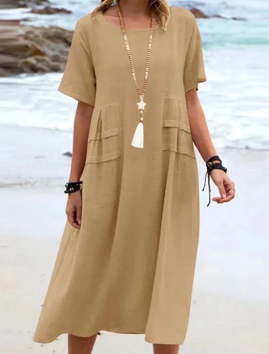 Clearance Women's Midi Dress Cotton Linen Dresses Casual Dress Summer Dress Classic Modern Daily Weekend Regular Fit Plain Short Sleeve Crew Neck Black Yellow Pink Royal Blue Summer Women Dresses