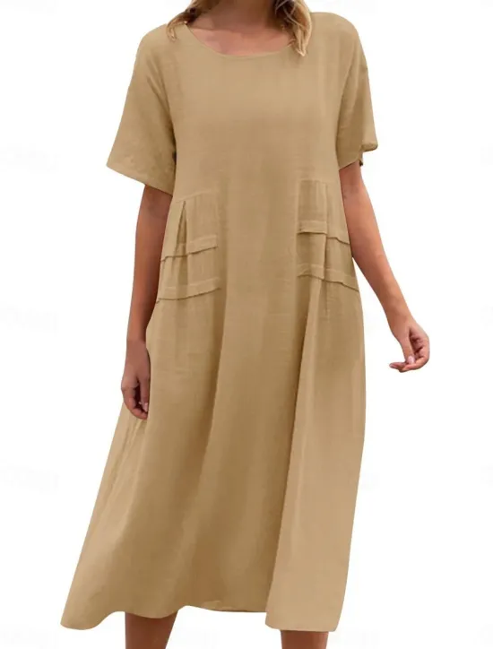 Clearance Women's Midi Dress Cotton Linen Dresses Casual Dress Summer Dress Classic Modern Daily Weekend Regular Fit Plain Short Sleeve Crew Neck Black Yellow Pink Royal Blue Summer Women Dresses