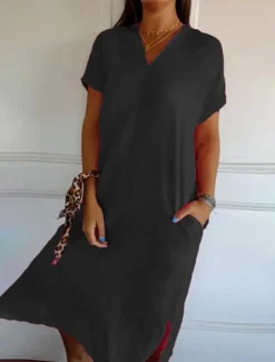 Outlet Women's Midi Dress Cotton Linen Dresses Casual Dress Basic Casual Vacation Daily Regular Fit Solid Color Short Sleeve V Neck Black Green Summer Women Dresses