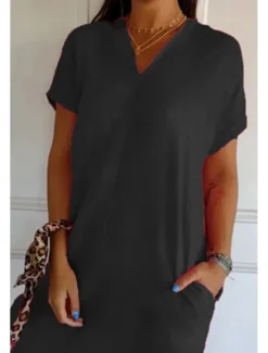 Outlet Women's Midi Dress Cotton Linen Dresses Casual Dress Basic Casual Vacation Daily Regular Fit Solid Color Short Sleeve V Neck Black Green Summer Women Dresses